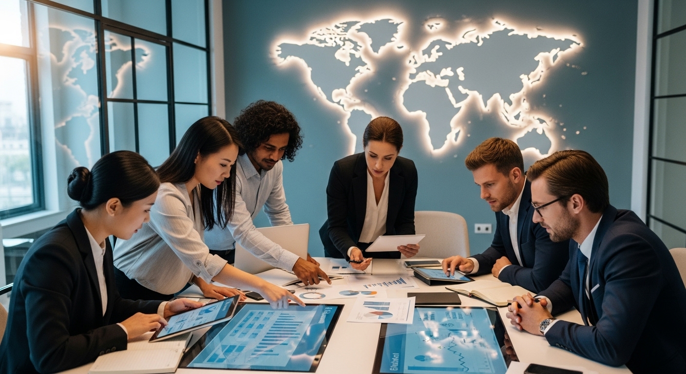 A diverse group of business professionals from various backgrounds and ethnicities, intently reviewing financial documents and digital banking interfaces in a modern, well-lit office environment. The scene is collaborative and focused, with a global map subtly visible in the background, signifying international business.