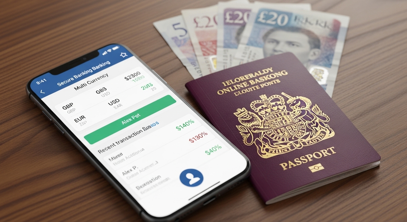 A close-up shot of a smartphone screen displaying a secure online banking app with multi-currency options, alongside a passport and UK currency on a modern wooden desk, signifying global financial management for an expat.