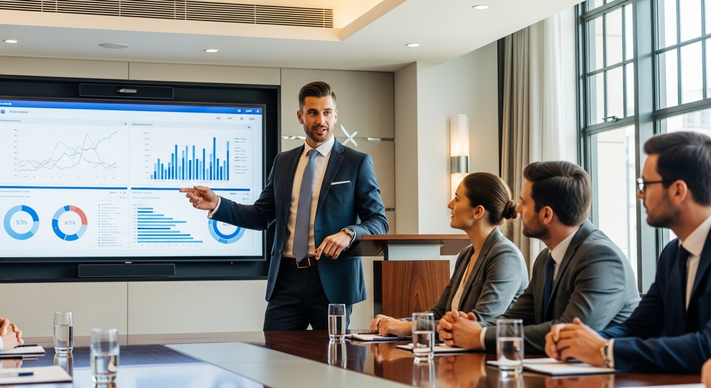 An expat entrepreneur presenting a compelling business idea to a panel of expert assessors in a modern, well-lit boardroom, with charts and graphs on a screen in the background, professional and dynamic, photorealistic.