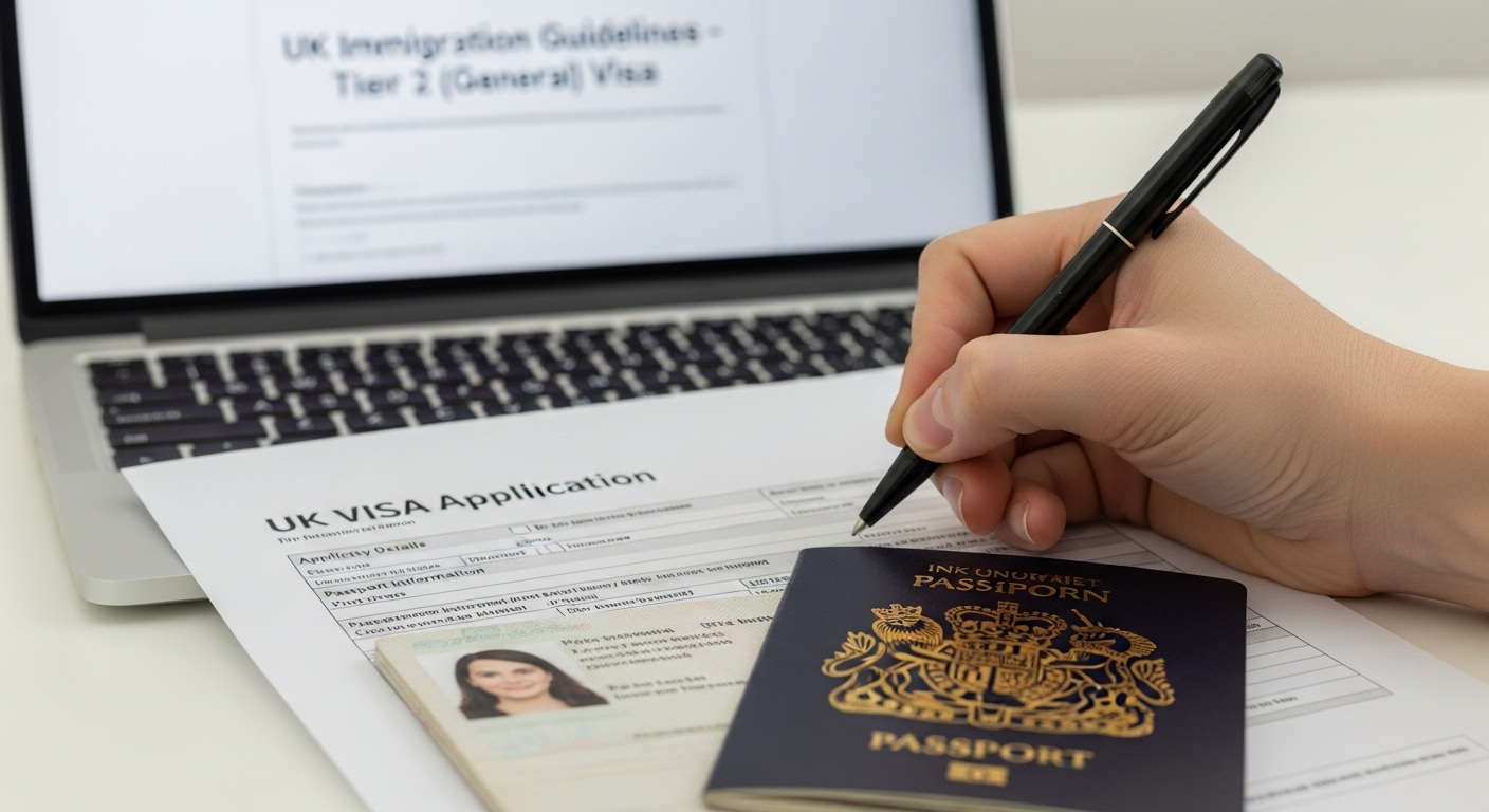 A close-up of a hand filling out a UK visa application form with a pen, next to a passport and a laptop displaying immigration guidelines, professional and clear, photorealistic.