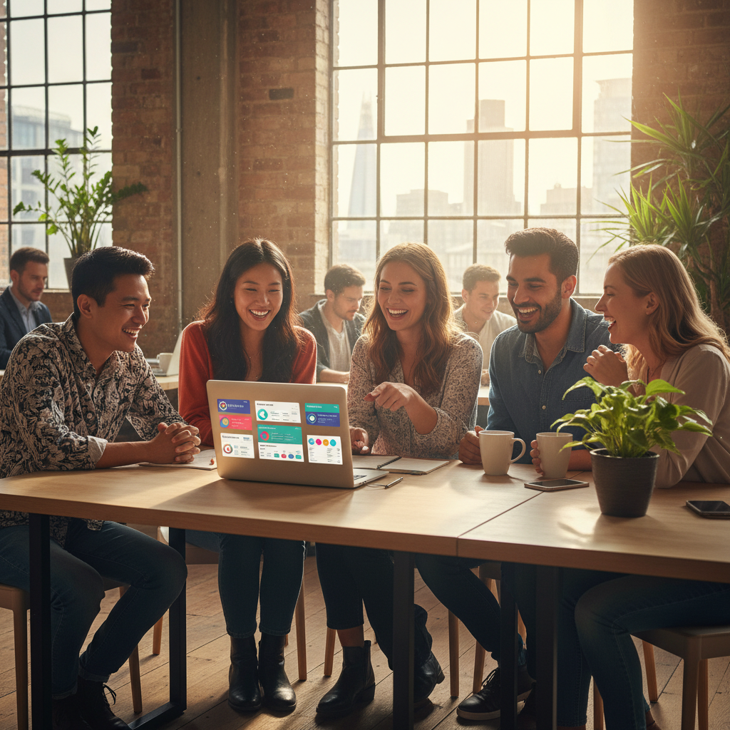 A diverse group of expat entrepreneurs happily collaborating in a modern, sunlit co-working space in London, looking at a laptop with banking apps open, photorealistic, vibrant colors