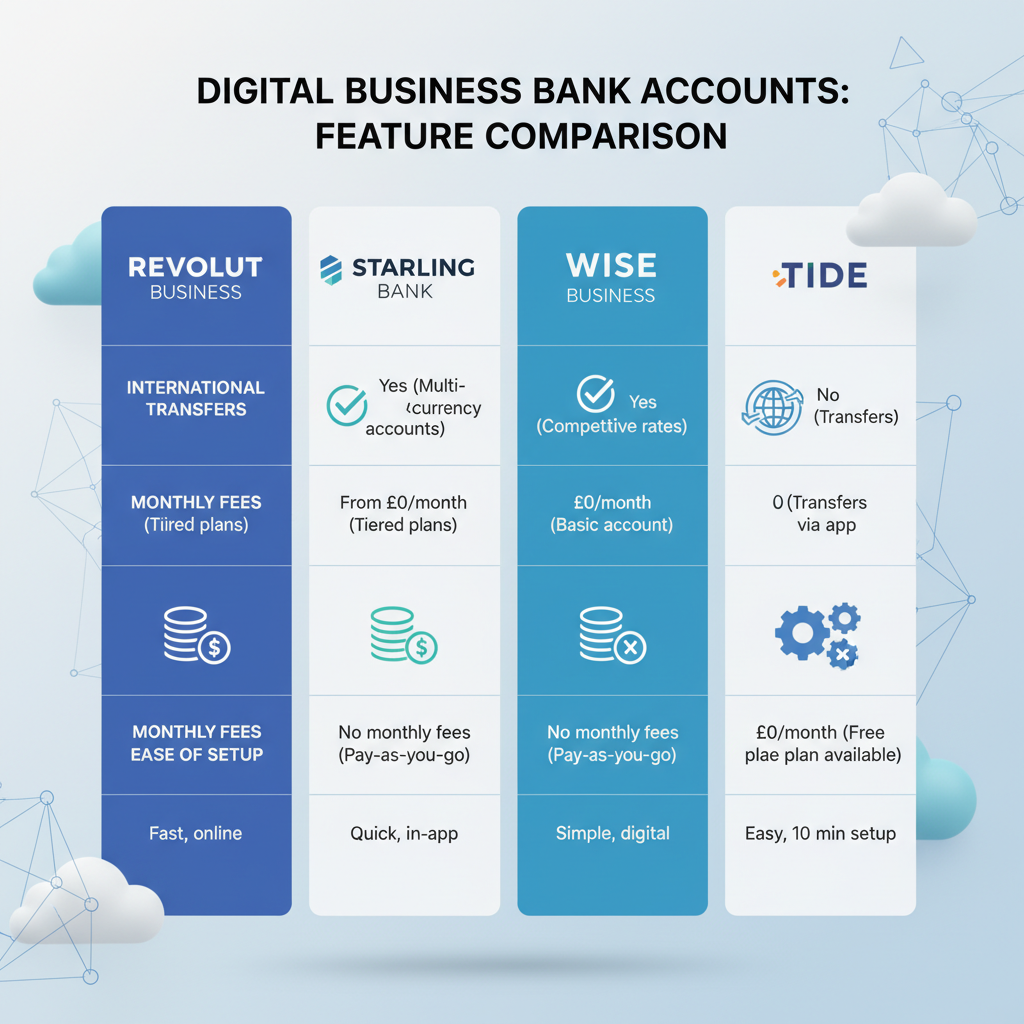 A vibrant, detailed infographic comparing features of digital business bank accounts like Revolut, Starling, Wise, and Tide, with icons representing international transfers, fees, and ease of setup, professional and clean design, 3D rendering