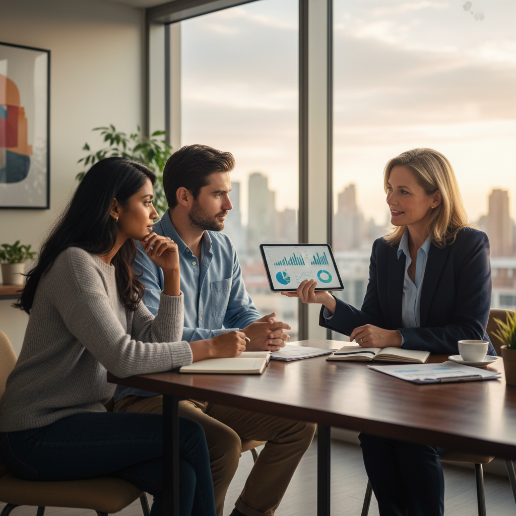 A diverse expat couple in their late 30s or early 40s, casually dressed but looking thoughtful, sitting across from a friendly, professional financial advisor in a modern, well-lit office. The advisor is pointing to a tablet screen, explaining financial concepts with a reassuring smile. The scene should be photorealistic and warm.