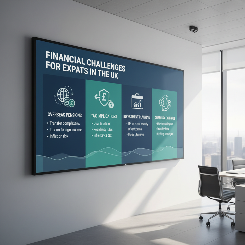 A professional, modern infographic illustrating key financial challenges for expats in the UK, such as 'Overseas Pensions', 'Tax Implications', 'Investment Planning', and 'Currency Exchange'. Use clear icons and a clean, appealing design with a palette of blues, greens, and greys. The style should be informative and easy to understand.
