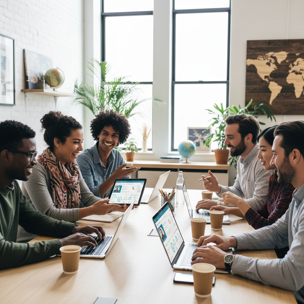A diverse group of smiling professionals, some appearing to be expats, collaboratively working on laptops and tablets with a sleek, modern CRM dashboard displayed on screens. The setting is a bright, airy co-working space with subtle global decor, photorealistic.