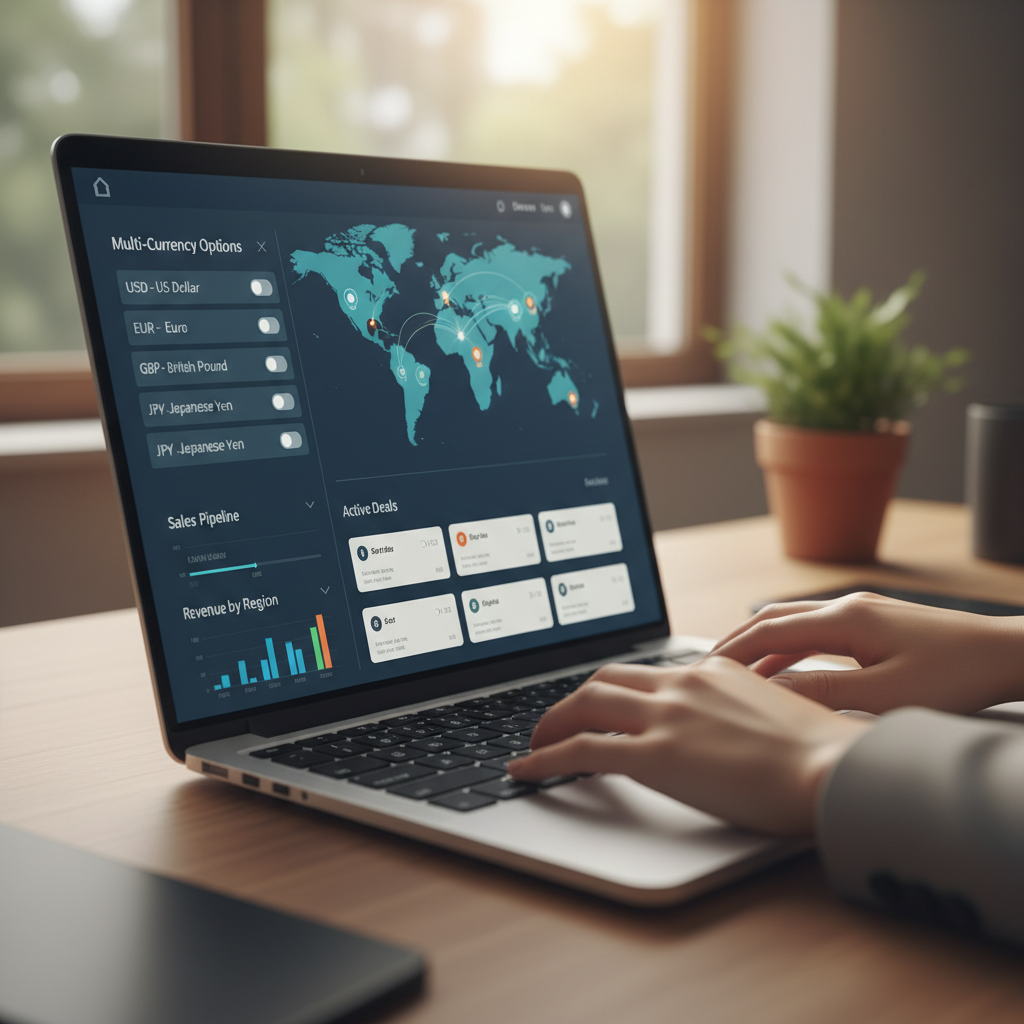 A vibrant, close-up shot of a modern laptop screen displaying a clean CRM dashboard with multi-currency options and a world map visualization. In the background, a person's hands are lightly typing on the keyboard in a well-lit, stylish home office setting, photorealistic.