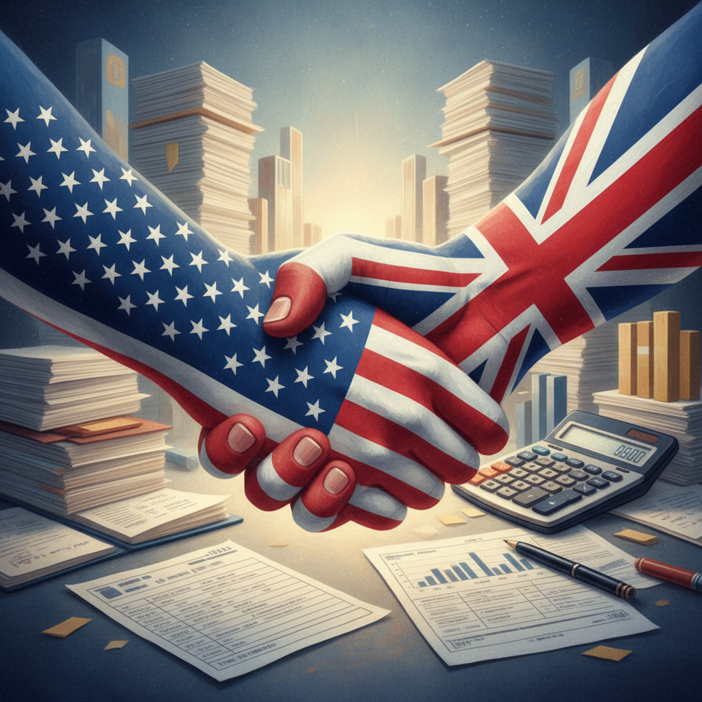 A vibrant, detailed illustration of the US and UK flags gently intertwining or shaking hands, with stacks of financial documents and a calculator subtly in the background. The mood is one of cooperation and financial clarity, photorealistic.