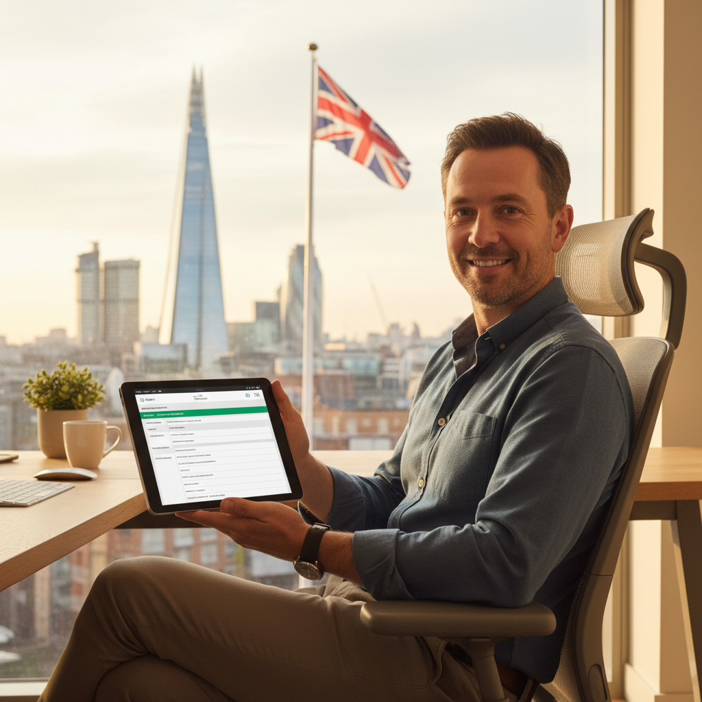 A person smiling and looking relaxed, holding a tablet displaying tax forms, in a modern, well-lit home office setting. Behind them, a subtle UK flag or London landmark can be seen through a window, signifying successful financial management. The overall feeling is one of relief and competence, photorealistic.