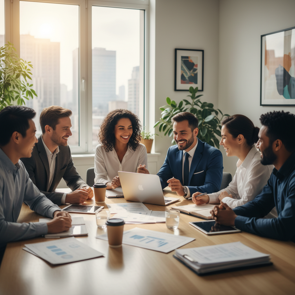 A diverse group of smiling expats from different countries sitting around a table, casually discussing financial documents with a friendly, professional-looking accountant who is pointing at a laptop screen. The setting is bright and modern, suggesting comfort and clarity. Photorealistic.