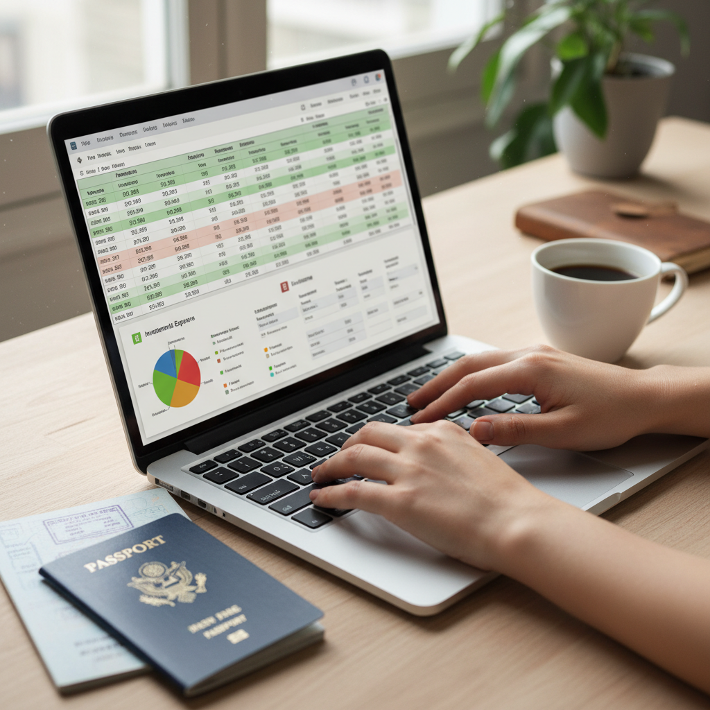 A close-up of hands typing on a laptop keyboard, with a spreadsheet showing financial data on the screen. A passport and a coffee cup are also on the desk, suggesting an expat working remotely on their finances. Soft, natural light. Photorealistic.
