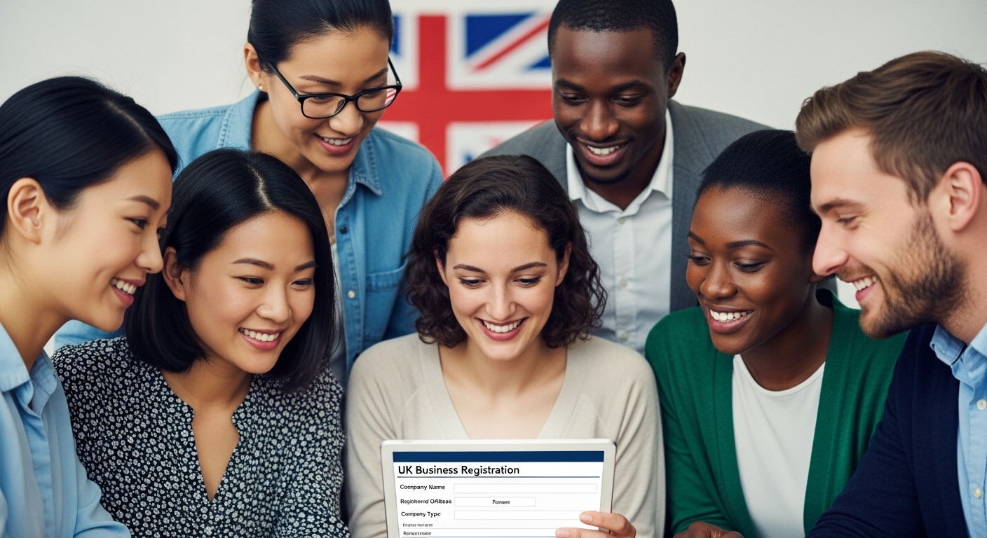 A diverse group of international entrepreneurs smiling and looking at a digital tablet displaying a UK business registration form, with a subtle Union Jack in the background. Photorealistic, vibrant colors.