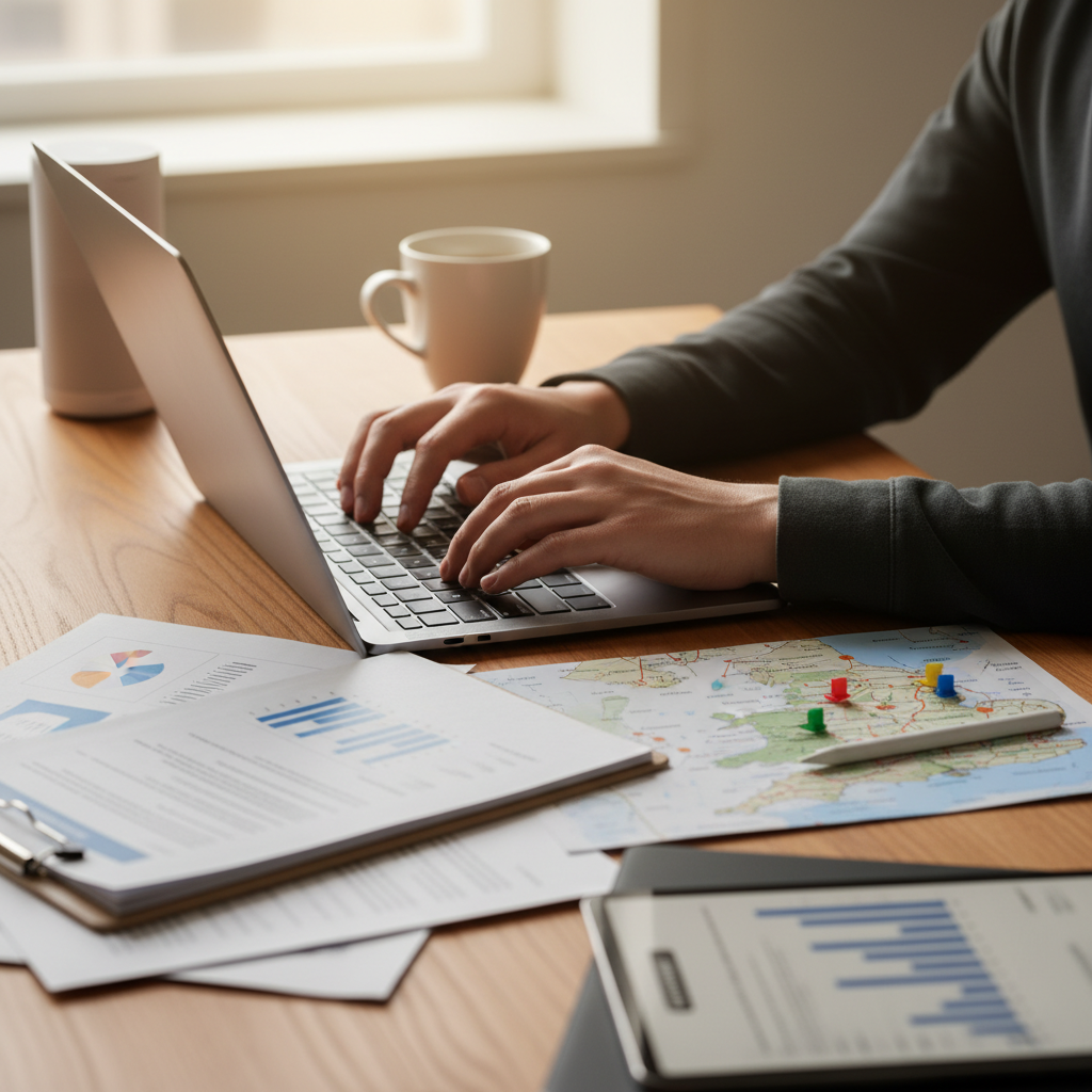 A close-up shot of a pair of hands typing on a laptop, with various business documents and a UK map visible on the desk. Focus on efficiency and modern tools. Photorealistic, warm lighting.