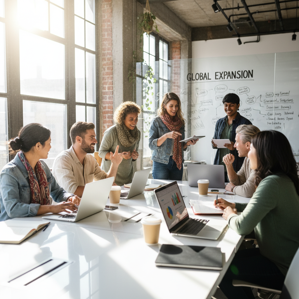 A diverse group of expats, casually dressed, sitting around a modern co-working space table, excitedly discussing business plans on laptops and whiteboards. Bright, natural lighting, photorealistic, wide shot.