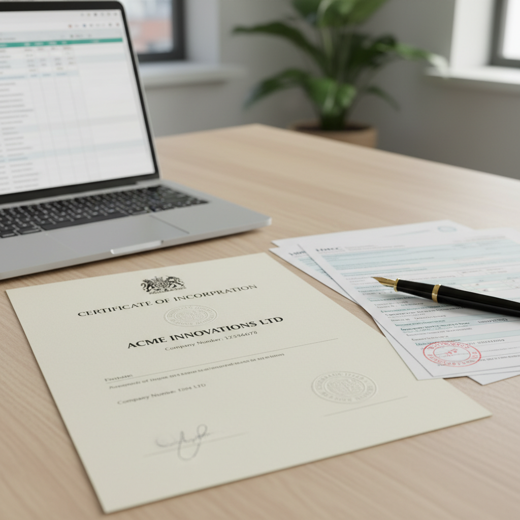 A close-up, photorealistic shot of UK business registration documents, including a Companies House certificate and tax forms, neatly arranged on a modern desk with a laptop and a pen. Focus on official seals and text.