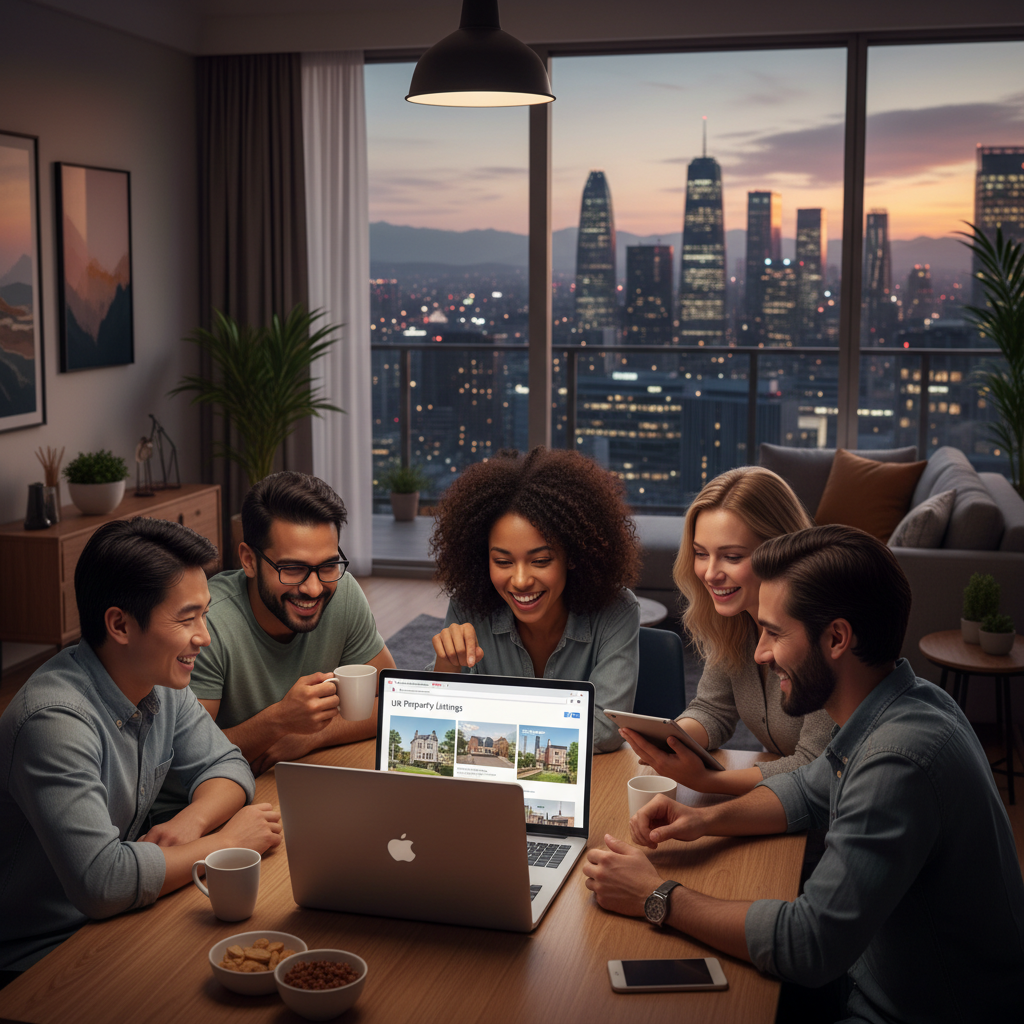A diverse group of smiling expats from various countries gathered around a laptop, looking at UK property listings. They are in a modern, well-lit apartment abroad, with a city skyline visible through the window. The atmosphere is relaxed and hopeful. Photorealistic, high detail.