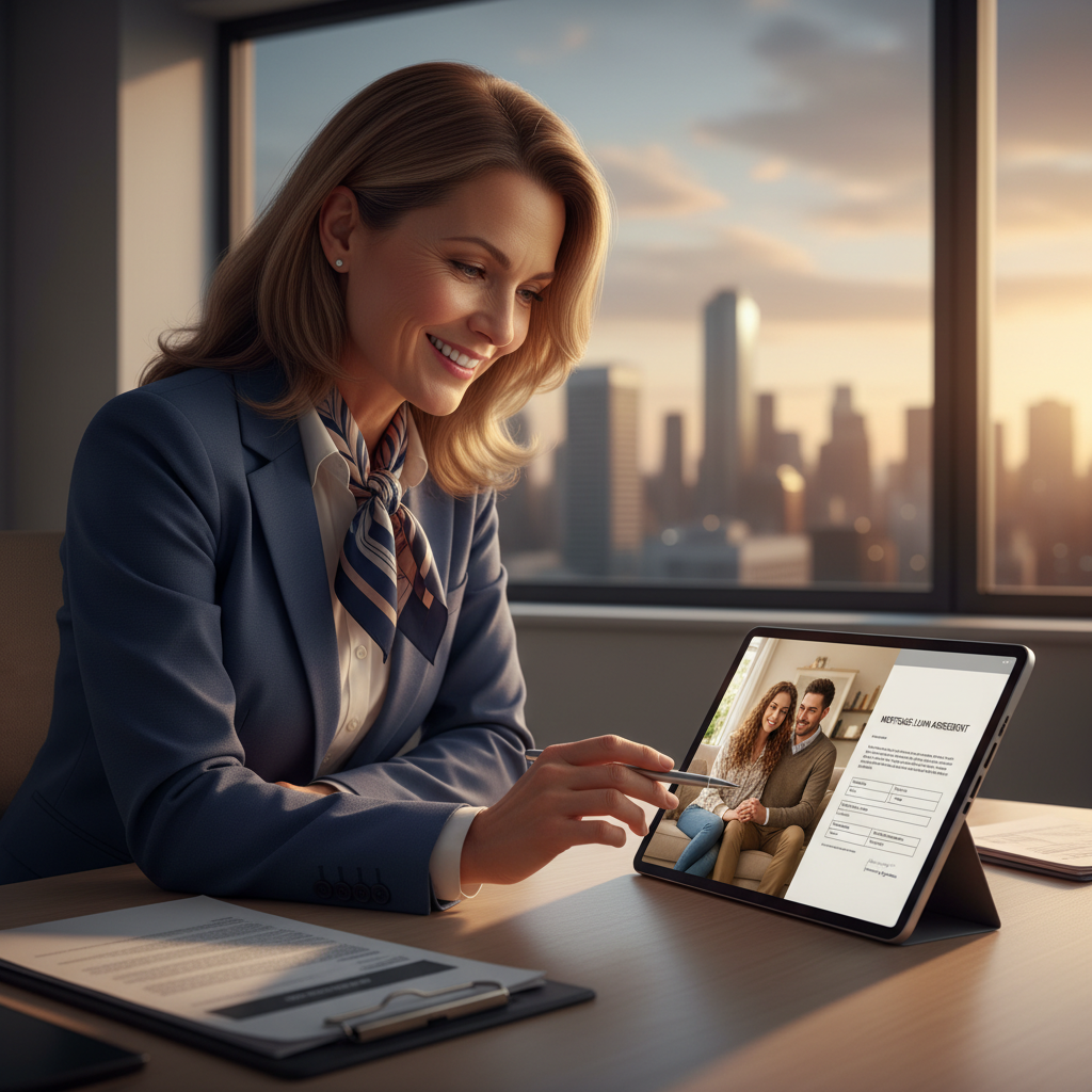 A professional mortgage broker, a woman in her 40s with a warm smile, is explaining documents to a well-dressed expat couple (early 30s) via a video call on a tablet. The broker is in a modern office, while the couple is in a cozy living room abroad. The documents on the screen are clearly legible, showing mortgage terms. Photorealistic, warm lighting.