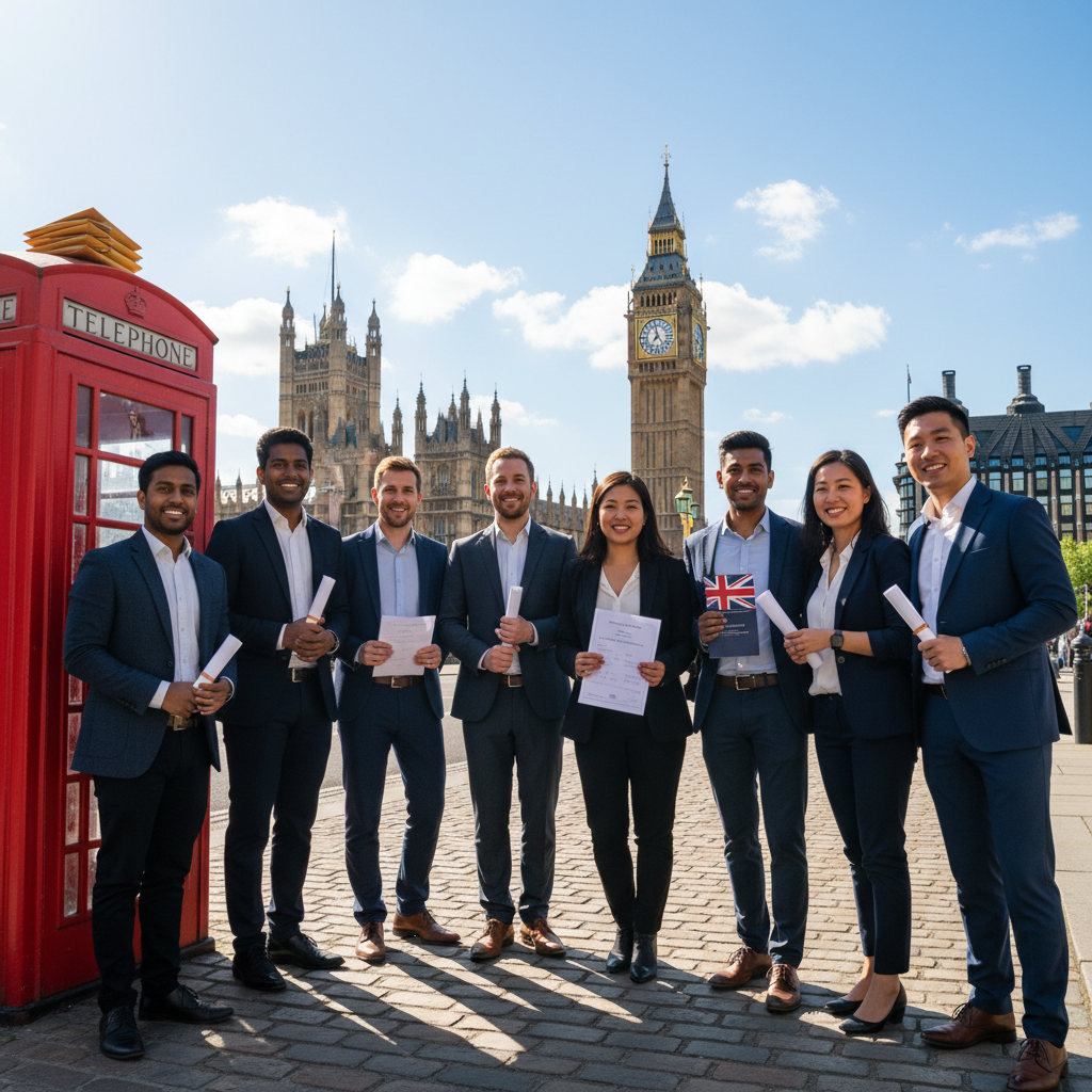 A diverse group of smiling expats from various backgrounds, looking relieved and happy, standing in front of iconic London landmarks like Big Ben and a red telephone booth, with legal documents subtly integrated into the scene. Photorealistic, bright sunny day.