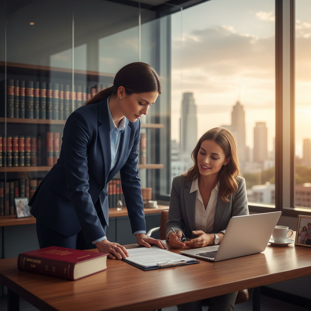 A focused immigration lawyer, professionally dressed, sitting at a desk in a modern office, reviewing legal documents with a client (an expat) who looks relieved. There are law books and a laptop on the desk, with a soft blur of a city skyline in the background. Photorealistic, warm lighting.