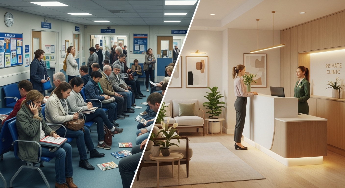A balanced, conceptual split image showing the contrast between a bustling NHS hospital waiting room with many diverse people and a serene, modern private clinic reception with a single patient being attended to by a polite receptionist. The colors should subtly differentiate the two scenes. Photorealistic.