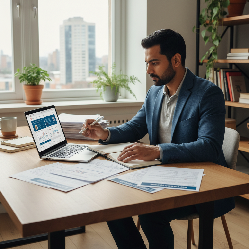 A professional, diverse expat individual (e.g., a person of South Asian descent in their 30s, dressed in business casual) meticulously comparing multiple health insurance policy documents or digital interfaces on a modern laptop, with a serious and focused expression. The setting is a bright, organized home office. Photorealistic.