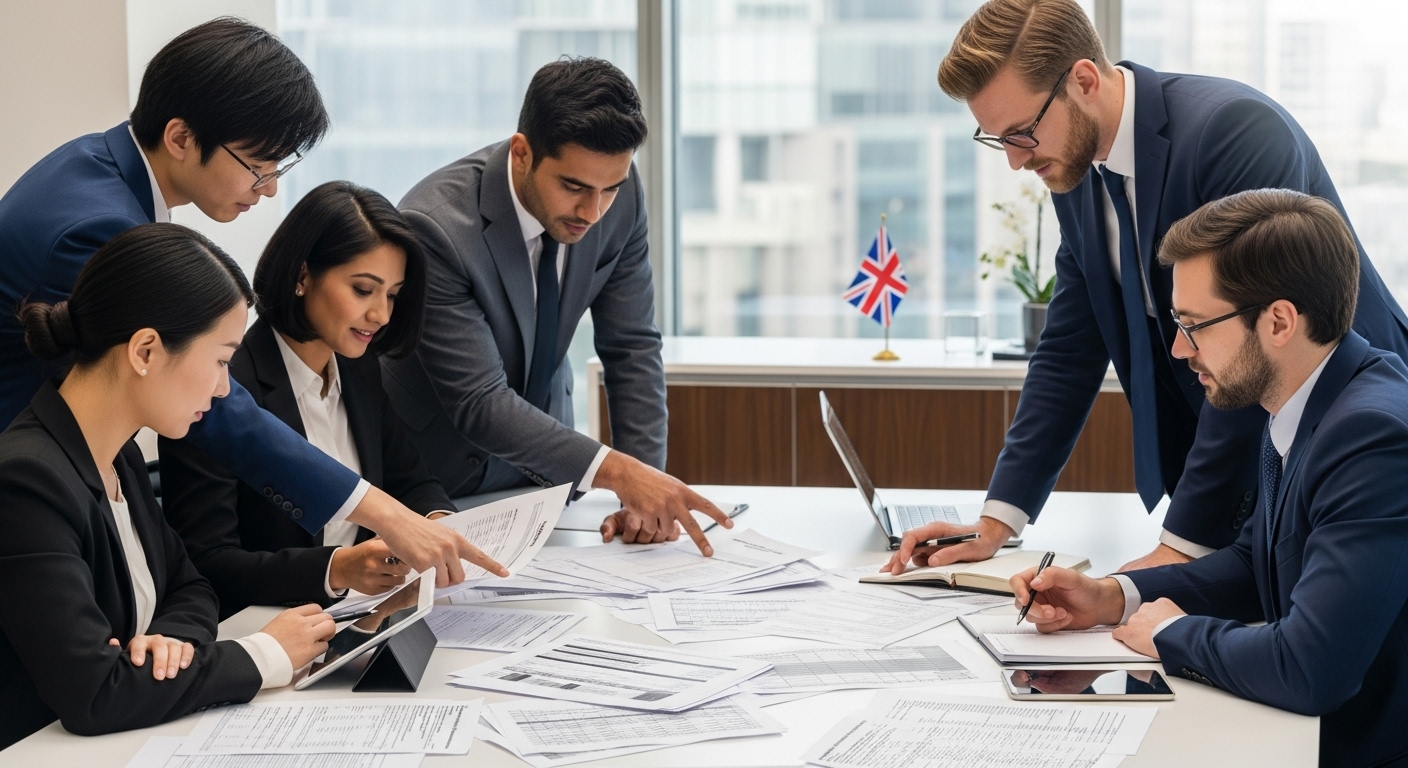 A diverse group of expat professionals from different countries, dressed in business attire, looking at complex tax documents on a table, with a UK flag subtly visible in the background, in a modern office setting. Photorealistic, high detail.