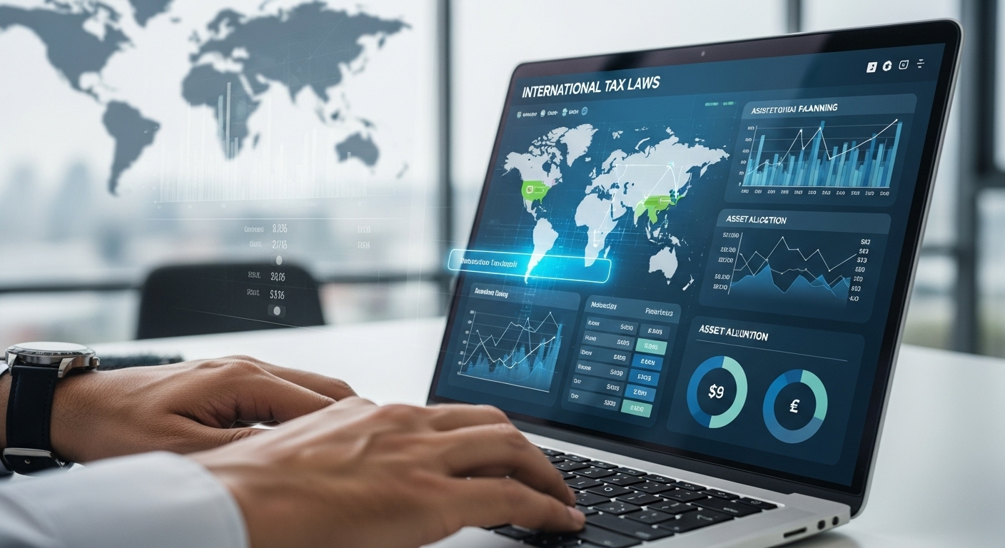 Close-up of hands working on a laptop, displaying a digital interface related to international tax laws and financial planning, with blurred background showing world map and graphs. Professional, clean, and modern aesthetic.
