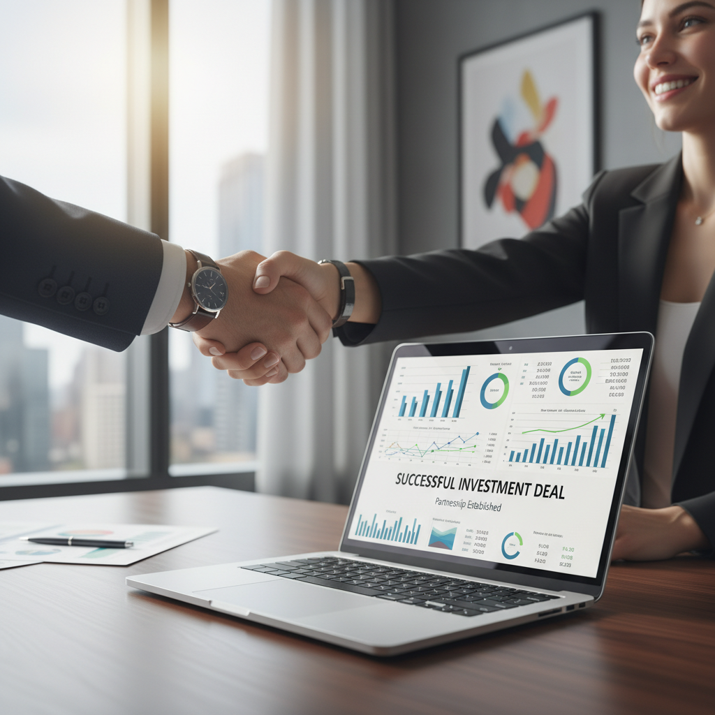 A close-up shot of hands shaking over a laptop displaying financial data, symbolizing a successful investment deal between an entrepreneur and an investor in a contemporary office setting. Photorealistic.