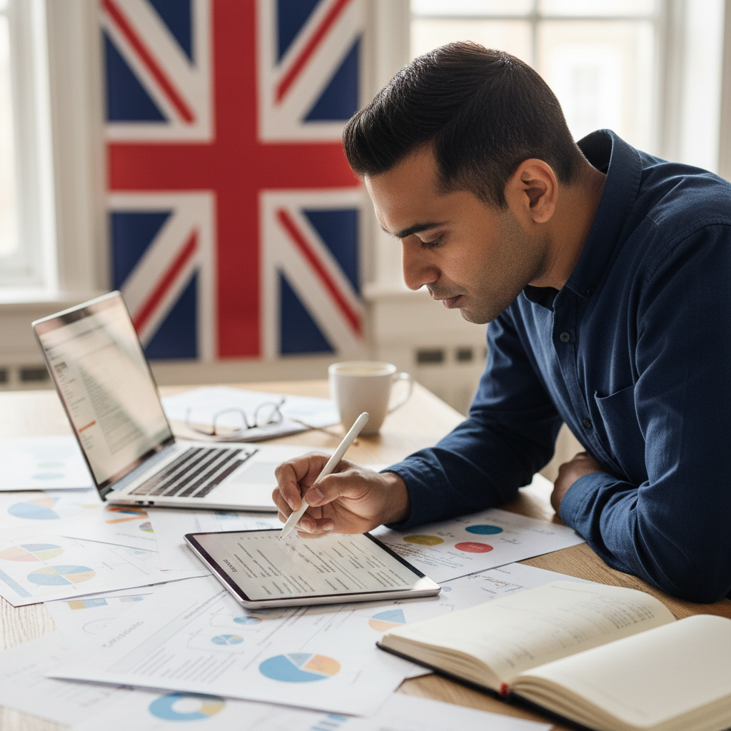 An expat entrepreneur meticulously filling out a grant application form on a tablet, surrounded by documents and a laptop, with a blurred UK flag subtly in the background, signifying focus and diligence. Photorealistic.