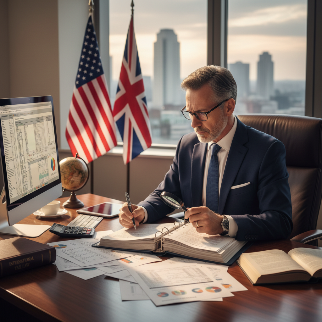 A detailed, photorealistic depiction of a person, possibly a tax advisor, meticulously analyzing complex tax documents with US and UK flags subtly integrated into the background, signifying international financial planning. The scene should be professional and focused.