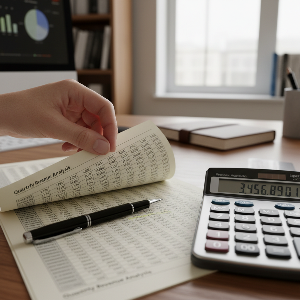 A realistic close-up shot of a hand highlighting a section on a complex financial report, with a pen and a calculator nearby. The background is slightly blurred, showing elements of a professional office environment, representing meticulous financial review.