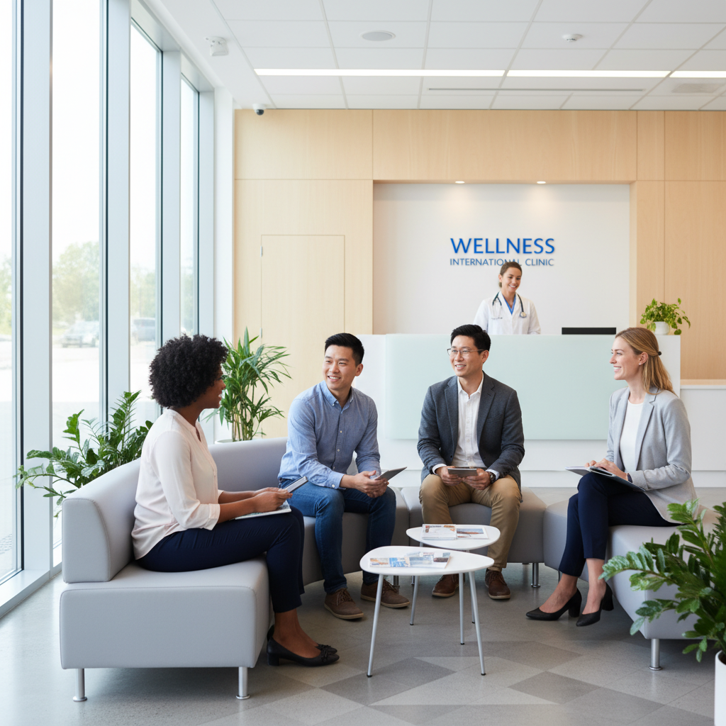A diverse group of smiling expats in a modern, well-lit medical clinic waiting area, looking relaxed and happy, with a doctor or nurse in the background. Photorealistic.