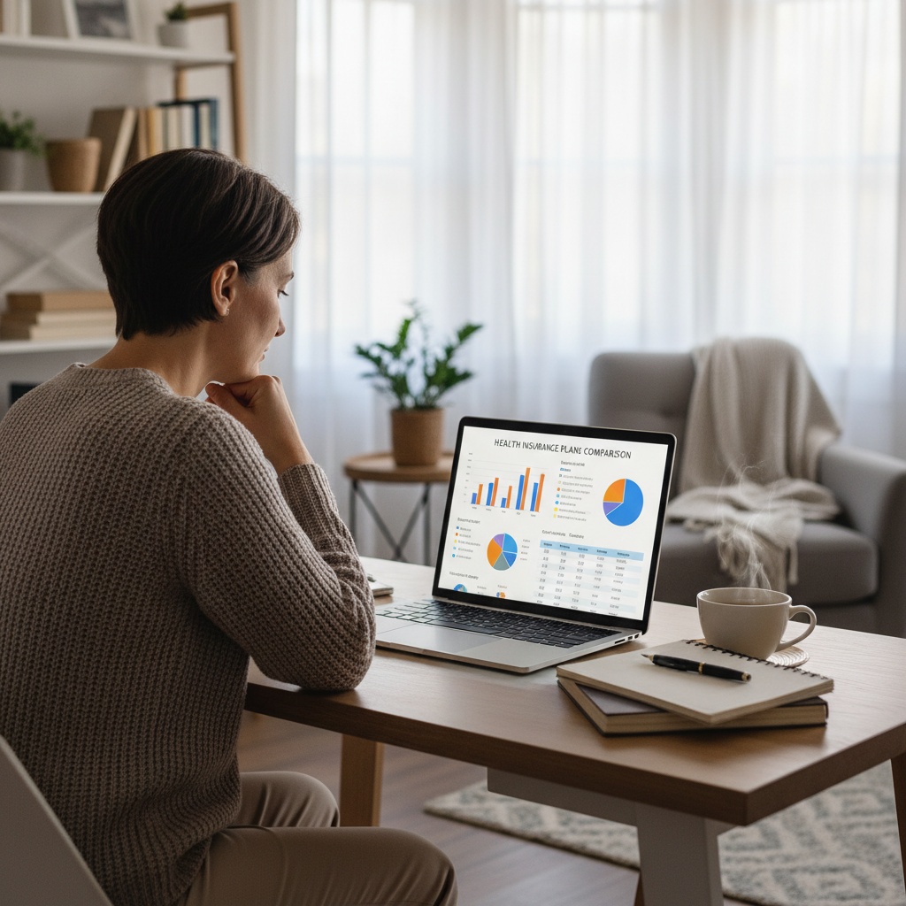 A person sitting at a modern desk, looking thoughtfully at a laptop screen displaying various health insurance comparison charts, with a cup of tea nearby, in a cozy home office setting. Photorealistic.