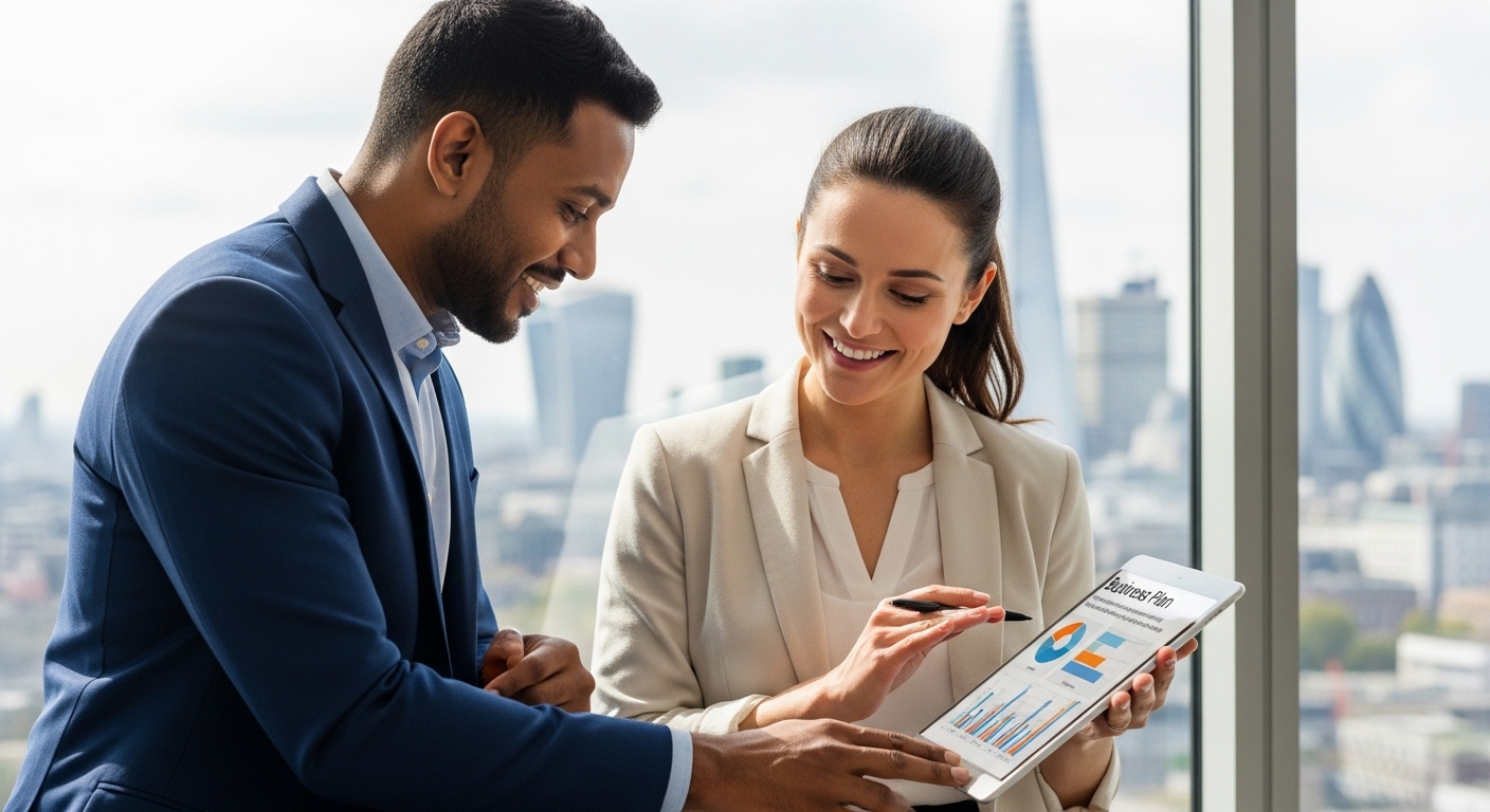A diverse group of entrepreneurs, a man and a woman, in a modern, light-filled office space, looking at a business plan on a tablet, with a blurred cityscape of London in the background, professional and photorealistic