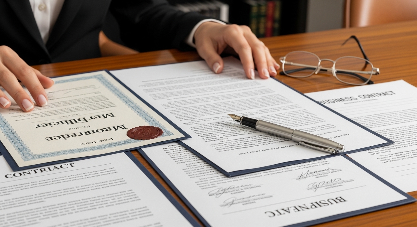 A close-up of hands reviewing various official looking legal documents and certificates spread out on a wooden desk, with a pen and glasses nearby, professional office setting, sharp focus, photorealistic