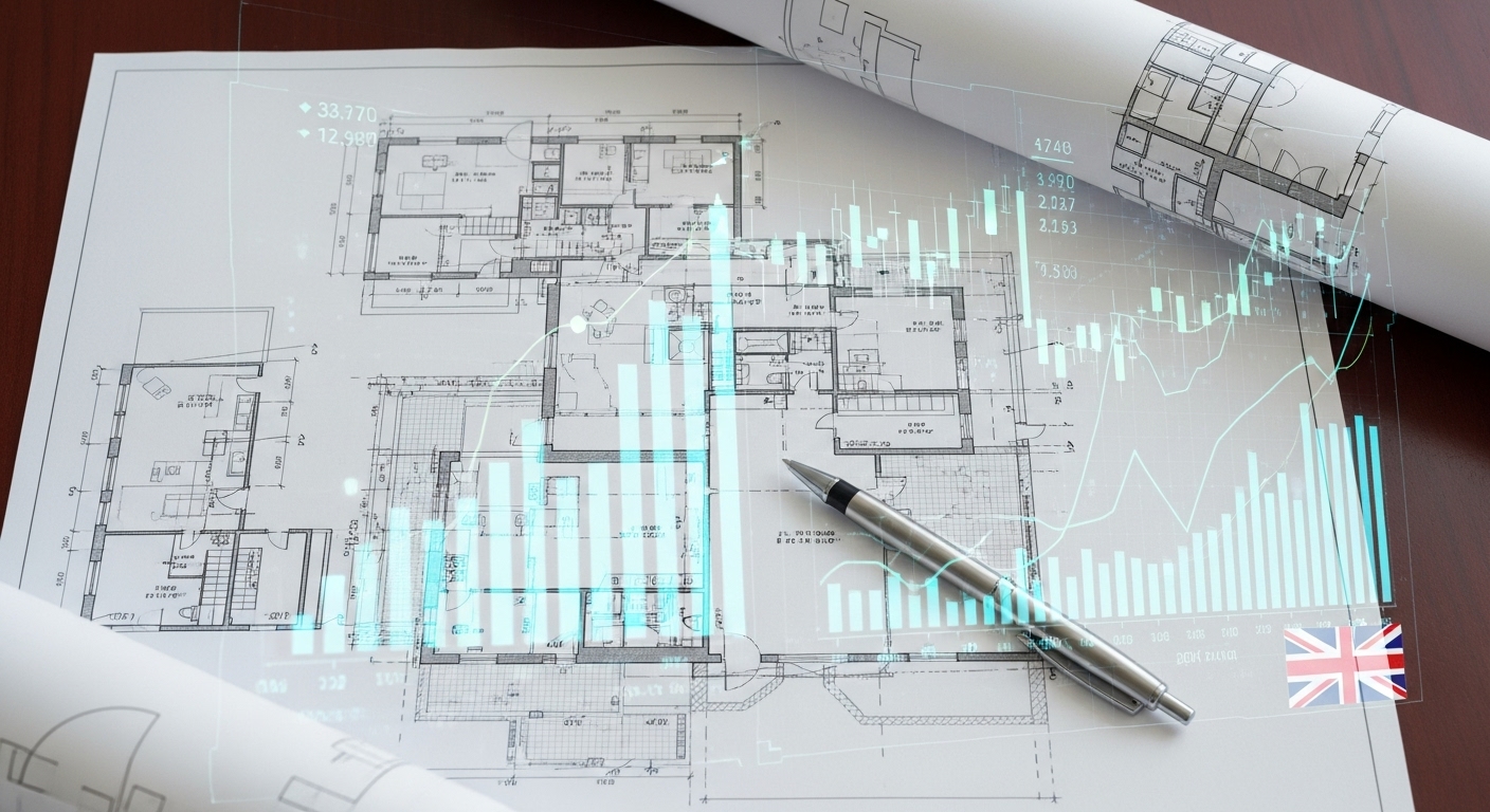 A detailed shot of architectural blueprints laid out on a table, superimposed with digital financial charts, a silver pen resting on top, signifying strategic property investment in the UK. Photorealistic, high-resolution.
