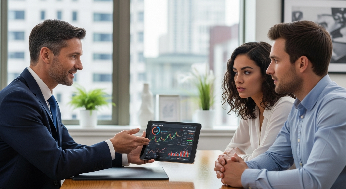 A professional financial advisor in a modern, well-lit office, explaining complex investment strategies to an expat couple. A digital tablet displays various investment graphs and figures. Photorealistic, clear, and focused.