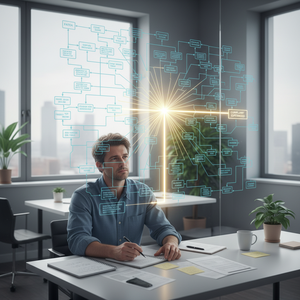 A confused expat looking at a complex tax flowchart, with a clear path emerging from the confusion, in a modern office setting. Photorealistic, soft lighting.