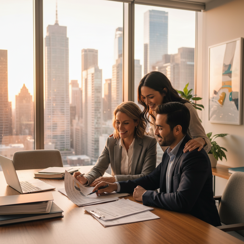 A financial advisor explaining tax documents to a happy expat couple in a modern, well-lit office, with city skyline visible through a window. Photorealistic, warm tones.