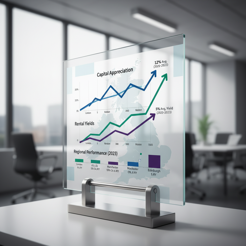 A detailed infographic illustrating UK property market trends with upward-sloping graphs for capital appreciation and rental yields in various regions (London, Manchester, Edinburgh). The infographic should use a professional color palette and clear data visualization, photorealistic.