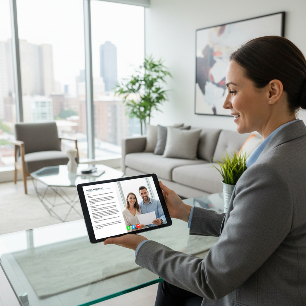 A professional property manager in a well-maintained, modern apartment discussing a rental agreement with an expat couple via video call on a tablet, symbolizing remote property management. The room is bright and contemporary, photorealistic.