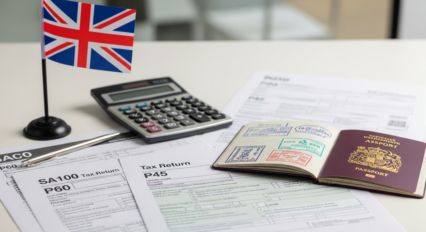 A desk with various UK tax forms, a calculator, a UK flag, and a passport, symbolizing international tax complexities and cross-border financial planning. Photorealistic, professional lighting.