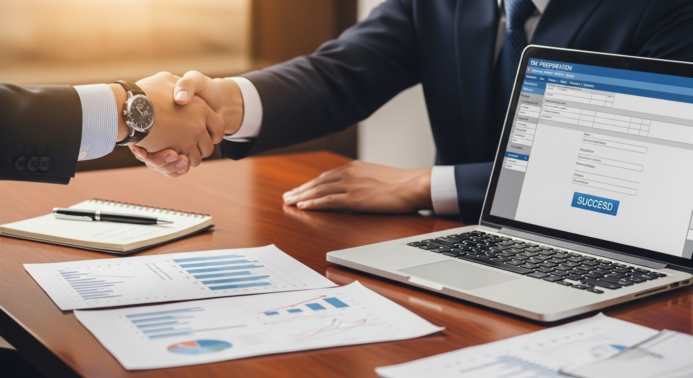 Two hands shaking over a table with financial charts and a laptop displaying tax software, representing a successful professional accounting partnership and financial collaboration. Photorealistic, warm lighting.