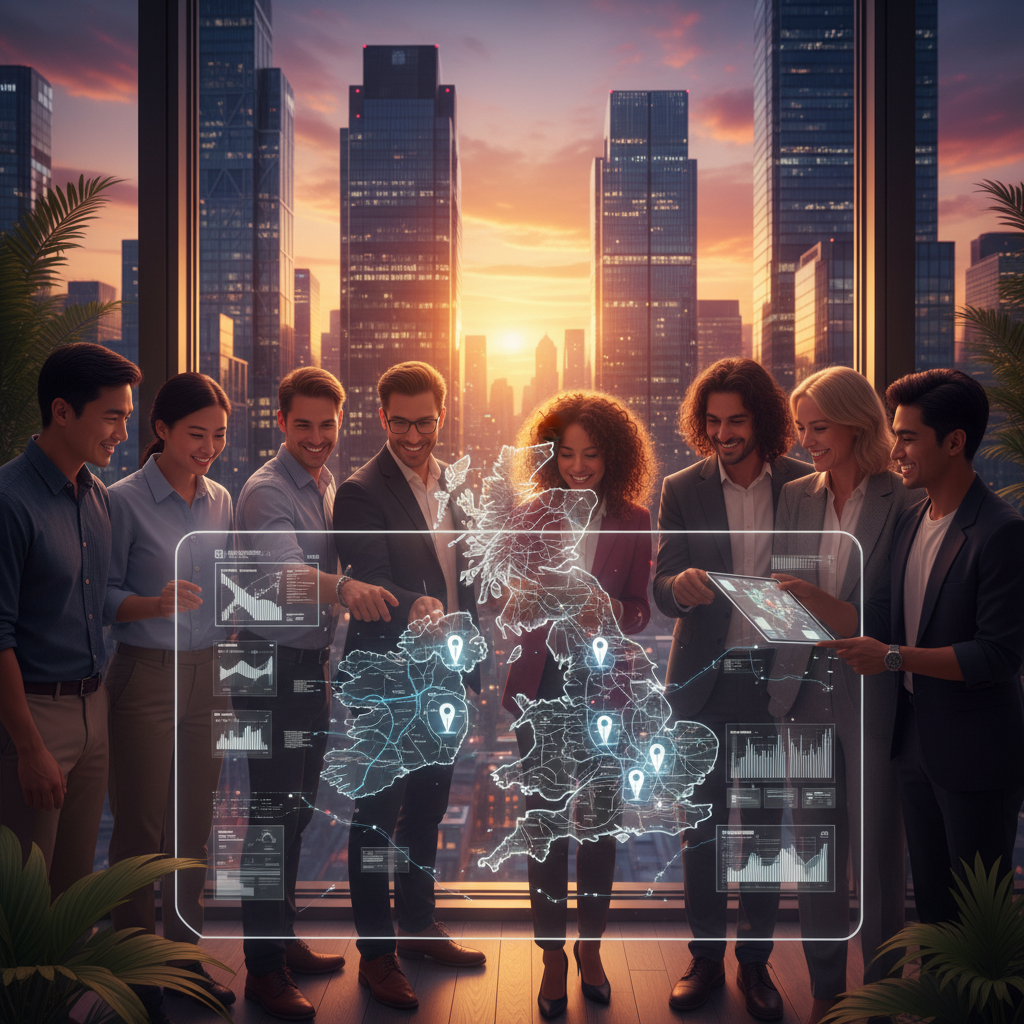 A diverse group of expats from different backgrounds, smiling and looking at a digital map of the UK with property icons, set against a backdrop of a modern city skyline at sunset. Photorealistic, high detail, vibrant colors.