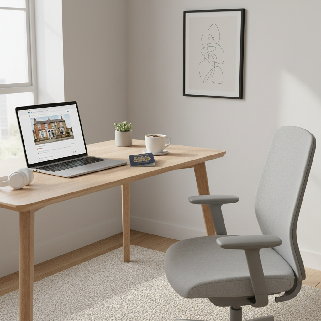 A modern, chic, minimalist home office setup with a laptop showing a UK property listing website, a cup of coffee, and a passport on the desk, bathed in soft morning light. Photorealistic, clean design.
