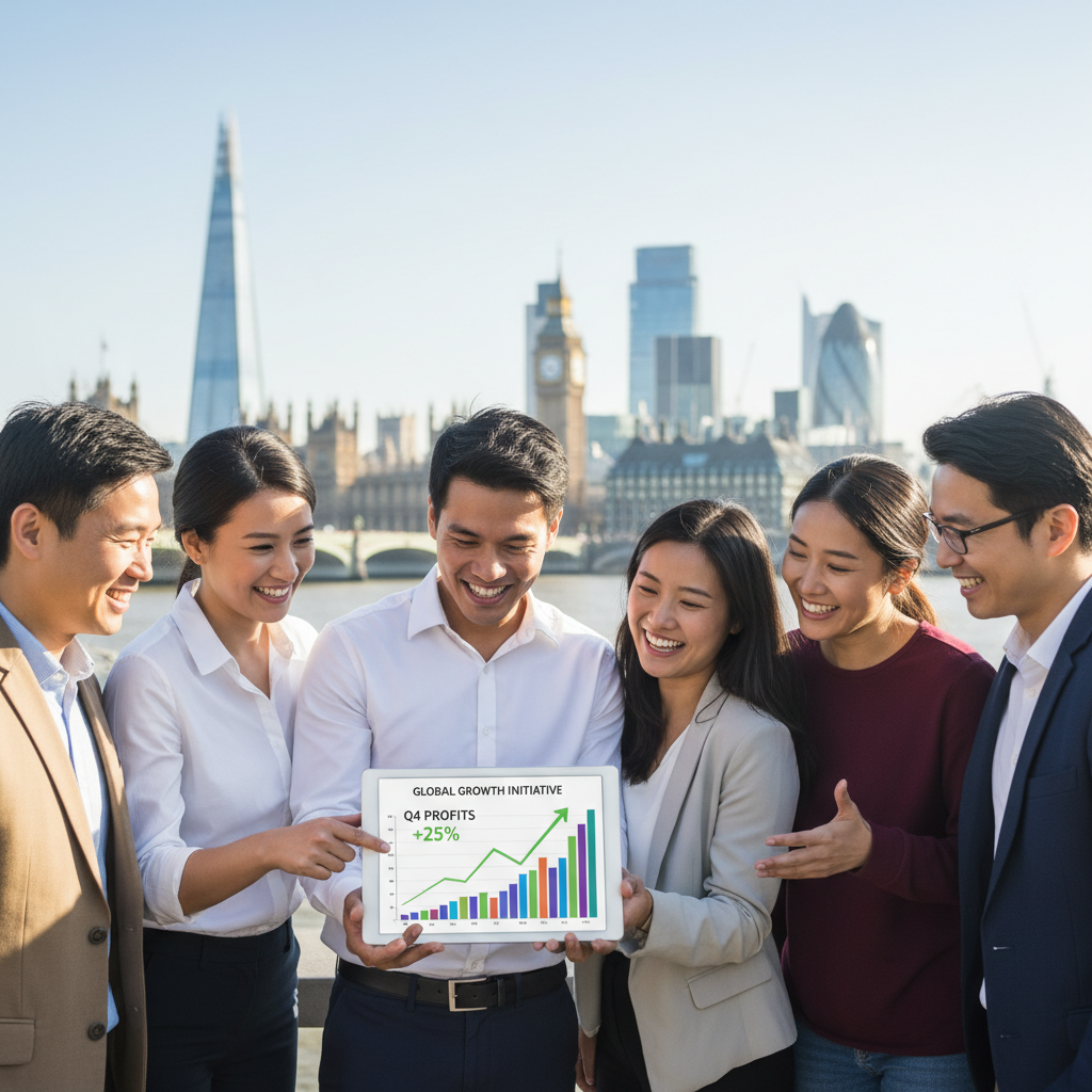 A diverse group of smiling expats from different backgrounds, looking at a digital tablet displaying charts and financial growth, with iconic London landmarks subtly blurred in the background, daytime, photorealistic.