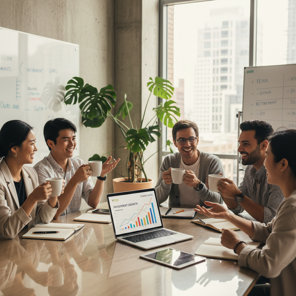 A diverse group of people, appearing to be expats, happily discussing financial plans over coffee in a modern, well-lit office or co-working space, with a laptop showing investment graphs, bright and clean, photorealistic.
