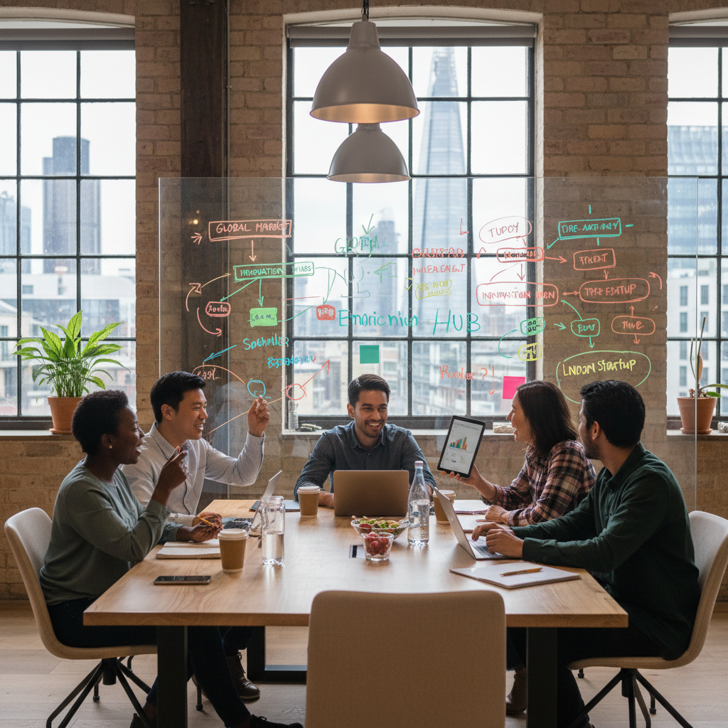 A diverse group of expat entrepreneurs happily collaborating in a modern co-working space in London, brainstorming ideas with laptops and whiteboards, vibrant and energetic atmosphere, photorealistic.