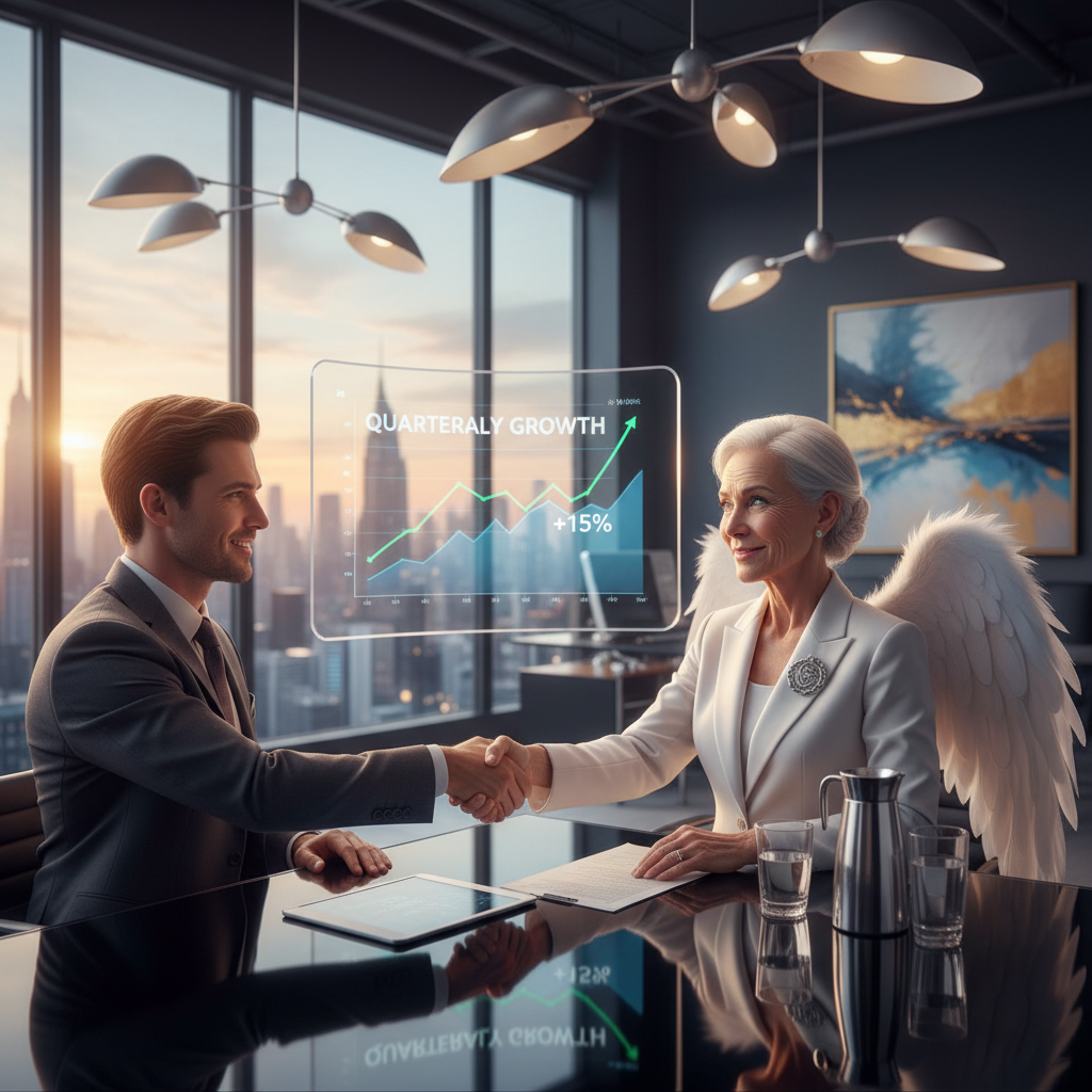 A business person shaking hands with an angel investor across a sleek, modern office desk, a financial chart visible on a screen in the background, professional and successful atmosphere, photorealistic.