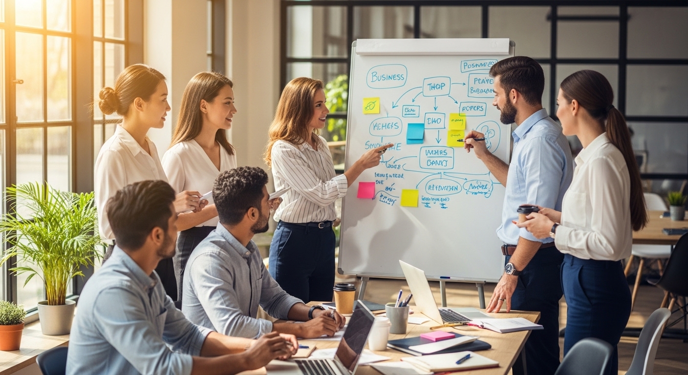 A diverse group of entrepreneurs in a modern, light-filled office space, looking at a whiteboard with business ideas, smiling and collaborating. Photorealistic, high-resolution.