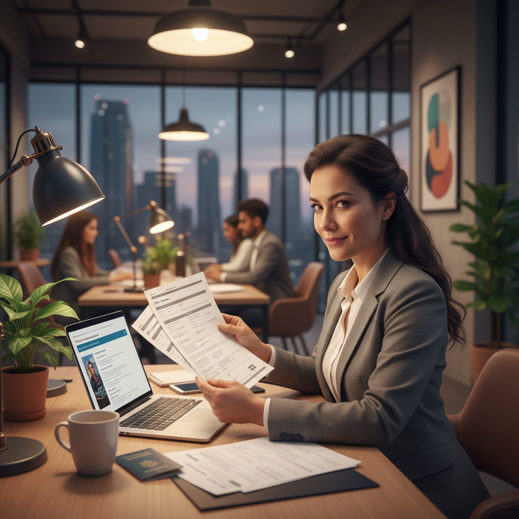 A professional expat sitting at a desk, reviewing visa application documents with a laptop open, looking confident and focused. The background shows a modern, bright office environment. Photorealistic, warm lighting.